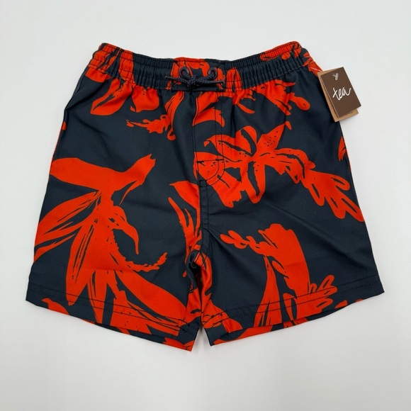 Tea Collection Boys Mid Length Swim Trunks Tropical Navy, Red Orange Size 2 NWT - Picture 1 of 6